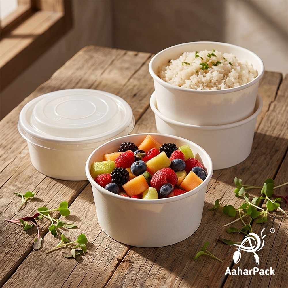250 ML White Paper Bowls with Plastic Flat Lids (Pack of 150) - Small Disposable Paper Bowls | Premium Leak-Proof Takeaway Food Containers for Hot Soups, Desserts, Dips & Side Dishes