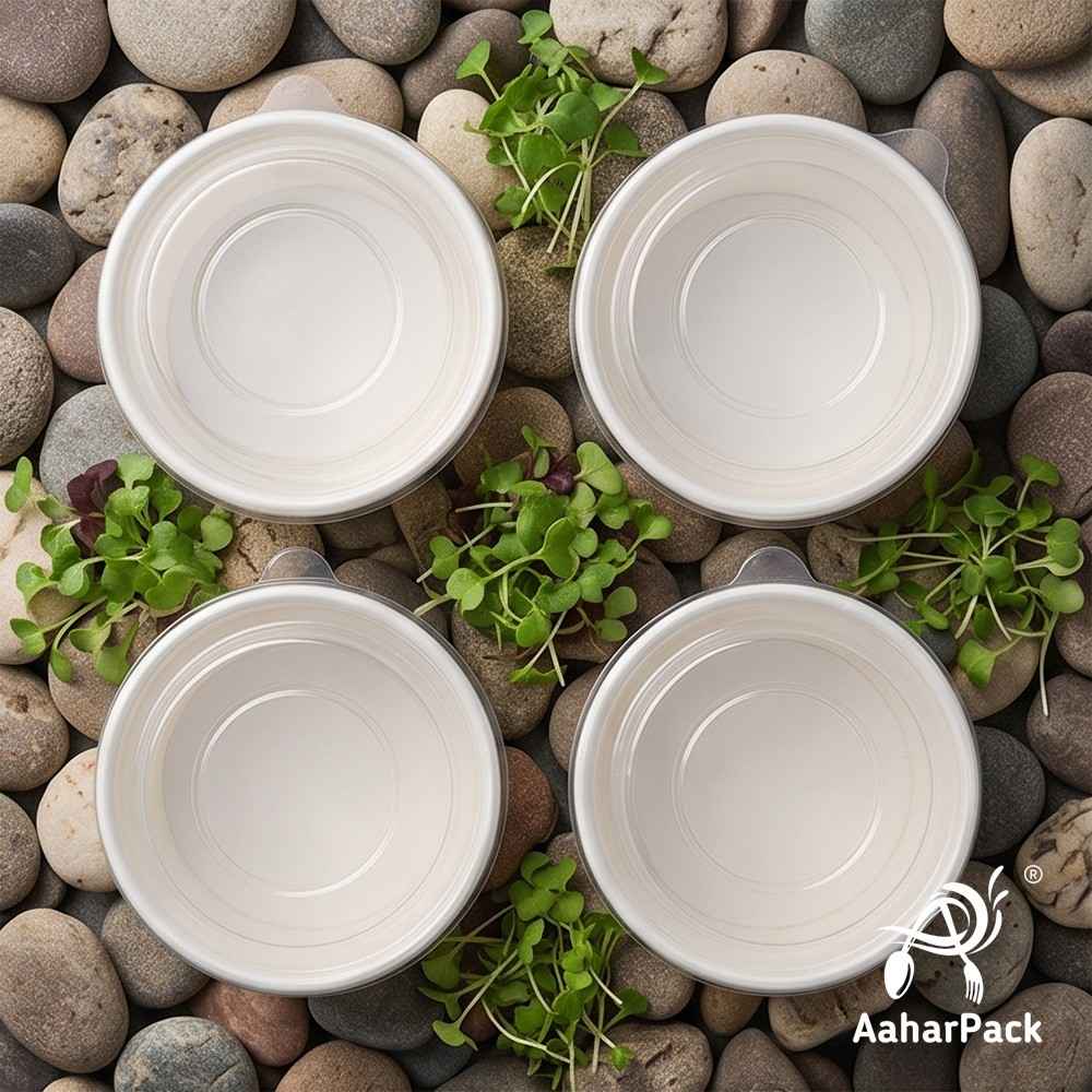 350 ML White Paper Bowls with Plastic Flat Lids (Pack of 150) - Medium Disposable Paper Bowls | Premium Leak-Proof Takeaway Food Containers for Noodles, Hot Soups, Gravies & Desserts
