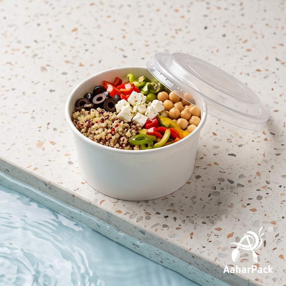 350 ML White Paper Bowls with Plastic Flat Lids (Pack of 150) - Medium Disposable Paper Bowls | Premium Leak-Proof Takeaway Food Containers for Noodles, Hot Soups, Gravies & Desserts