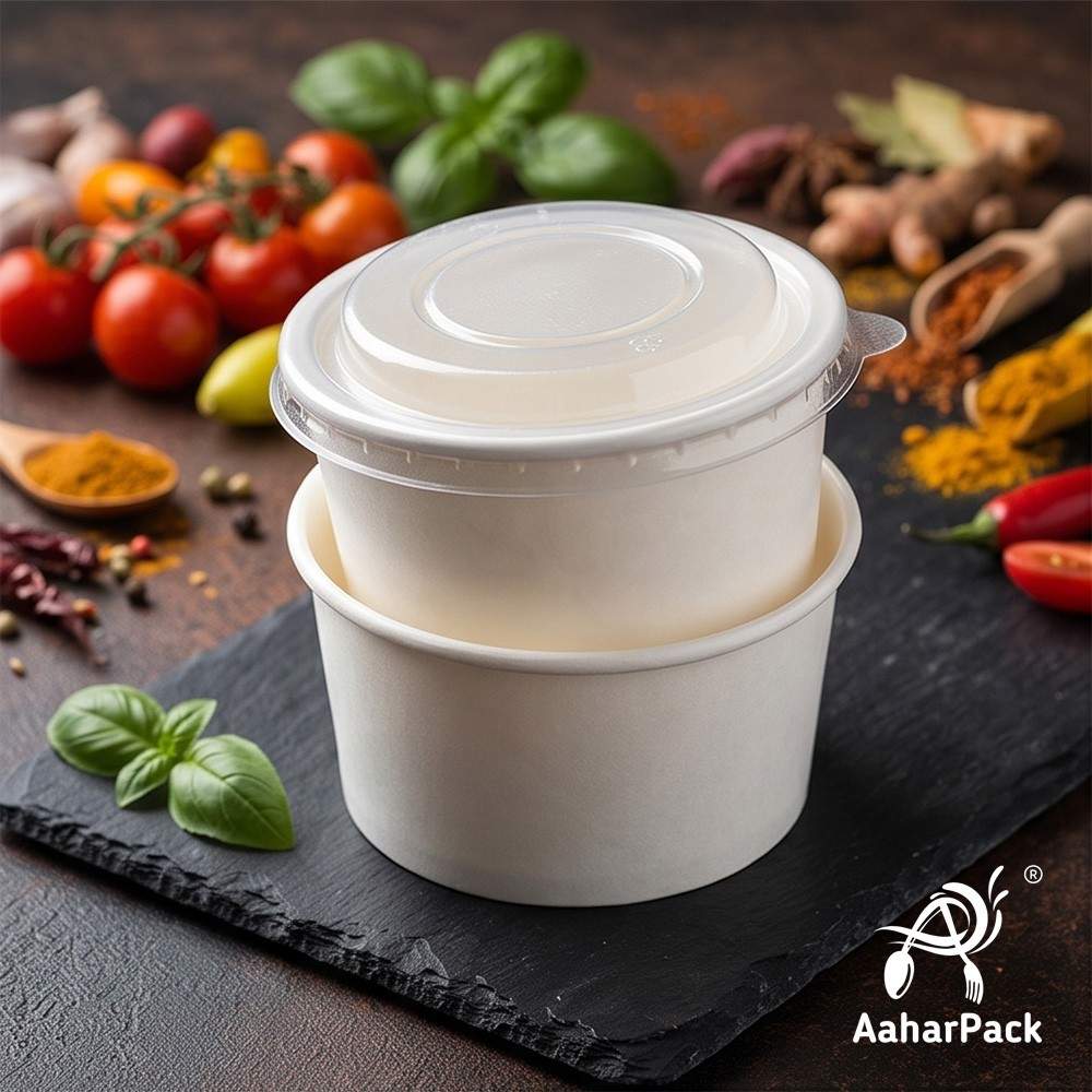 350 ML White Paper Bowls with Plastic Flat Lids (Pack of 150) - Medium Disposable Paper Bowls | Premium Leak-Proof Takeaway Food Containers for Noodles, Hot Soups, Gravies & Desserts