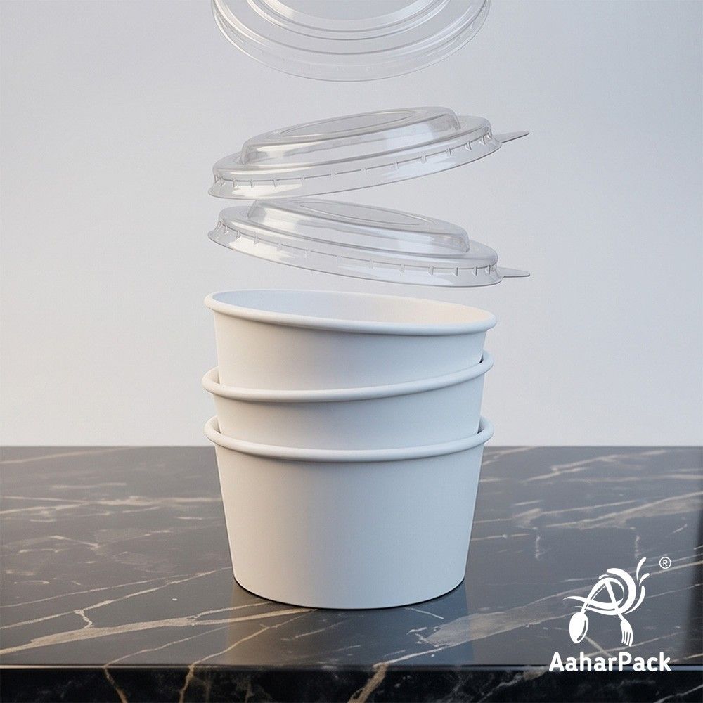 350 ML White Paper Bowls with Plastic Flat Lids (Pack of 150) - Medium Disposable Paper Bowls | Premium Leak-Proof Takeaway Food Containers for Noodles, Hot Soups, Gravies & Desserts