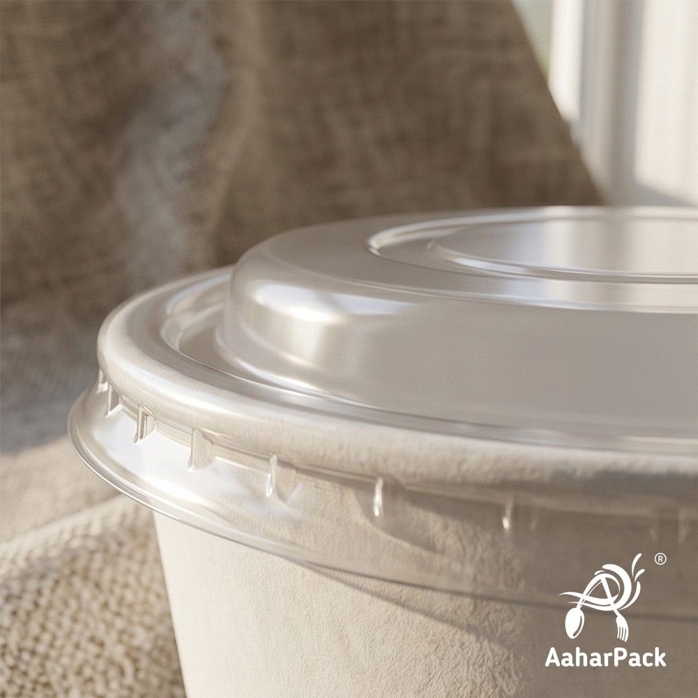 350 ML White Paper Bowls with Plastic Flat Lids (Pack of 150) - Medium Disposable Paper Bowls | Premium Leak-Proof Takeaway Food Containers for Noodles, Hot Soups, Gravies & Desserts
