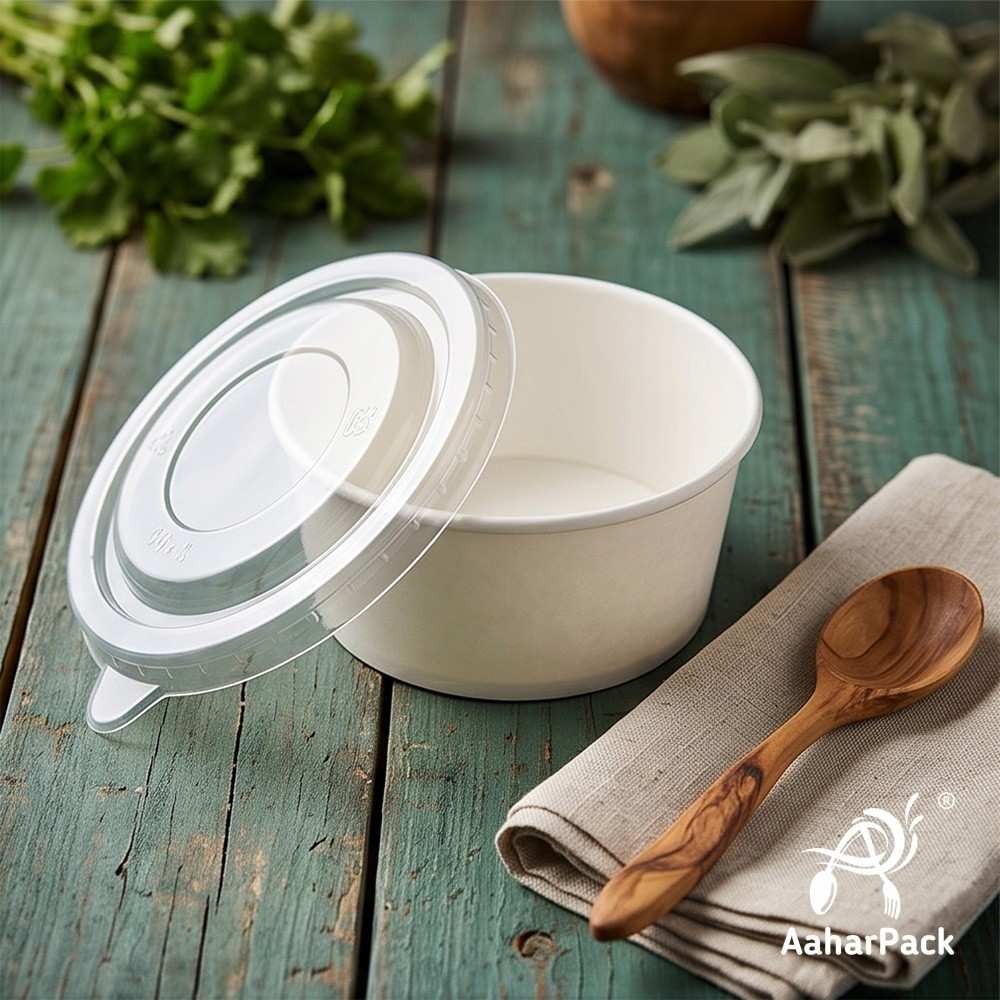 500 ML White Paper Bowls with Plastic Flat Lids (Pack of 150) - Large Disposable Paper Bowls | Premium Leak-Proof Takeaway Food Containers for Biryani, Noodles, Hot Soups & Gravies