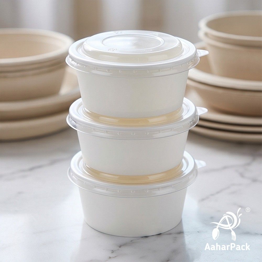 500 ML White Paper Bowls with Plastic Flat Lids (Pack of 150) - Large Disposable Paper Bowls | Premium Leak-Proof Takeaway Food Containers for Biryani, Noodles, Hot Soups & Gravies