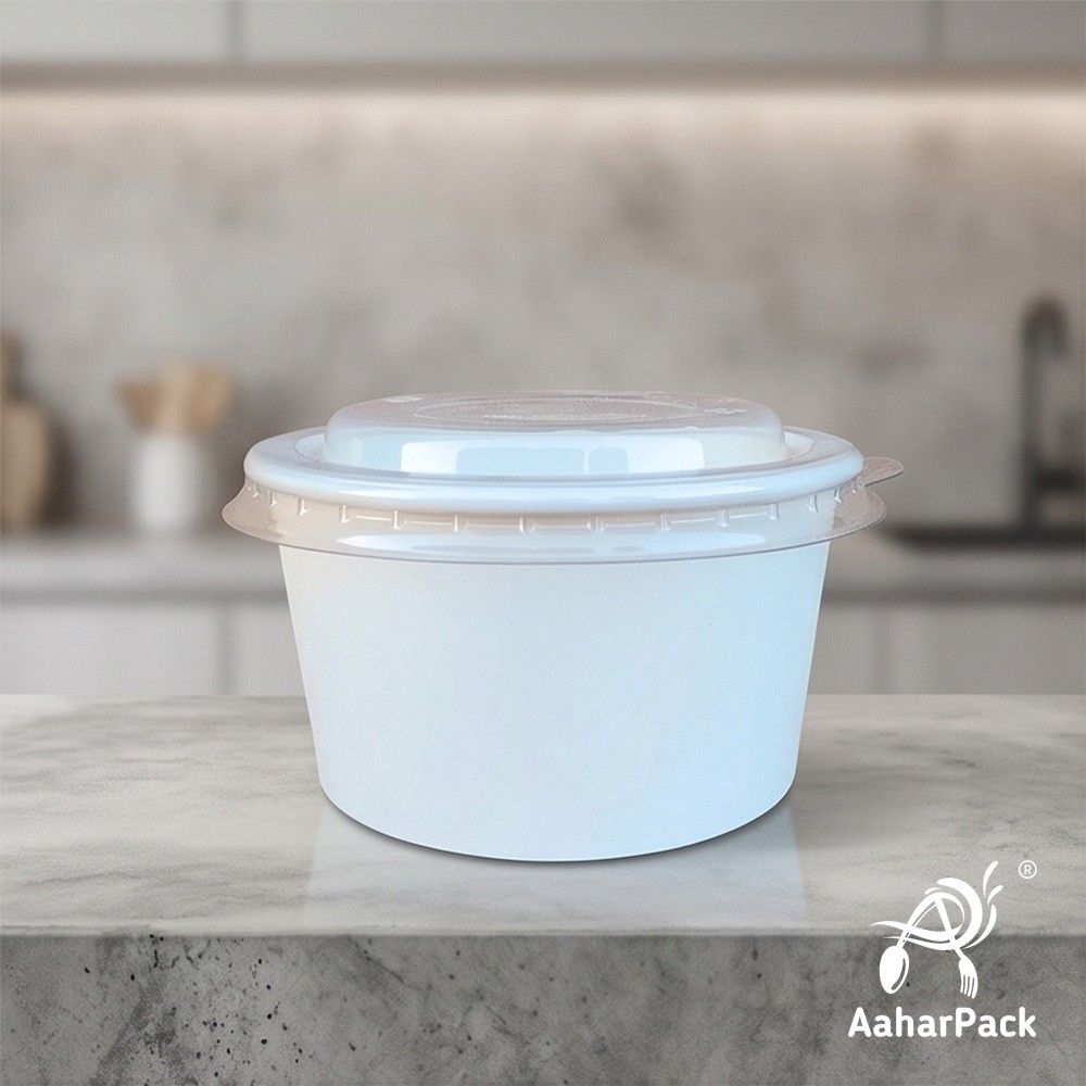 500 ML White Paper Bowls with Plastic Flat Lids (Pack of 150) - Large Disposable Paper Bowls | Premium Leak-Proof Takeaway Food Containers for Biryani, Noodles, Hot Soups & Gravies