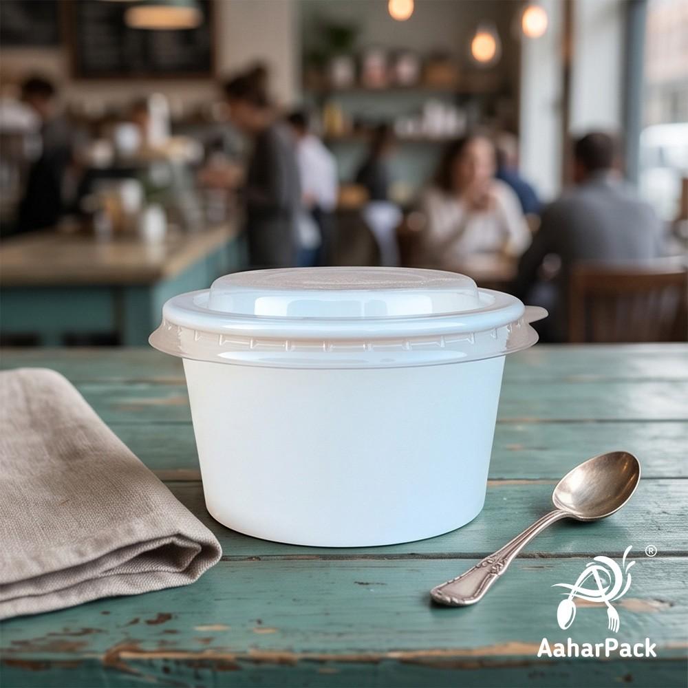 500 ML White Paper Bowls with Plastic Flat Lids (Pack of 150) - Large Disposable Paper Bowls | Premium Leak-Proof Takeaway Food Containers for Biryani, Noodles, Hot Soups & Gravies