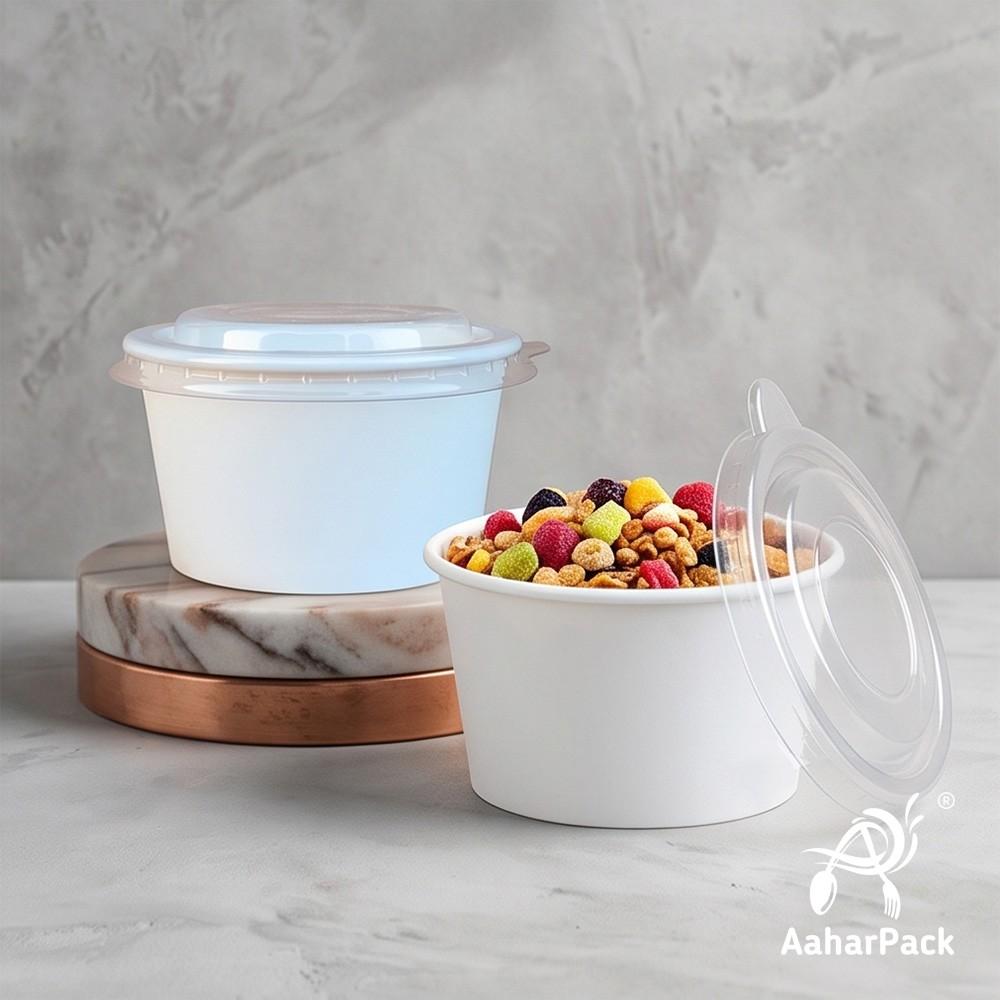 500 ML White Paper Bowls with Plastic Flat Lids (Pack of 150) - Large Disposable Paper Bowls | Premium Leak-Proof Takeaway Food Containers for Biryani, Noodles, Hot Soups & Gravies