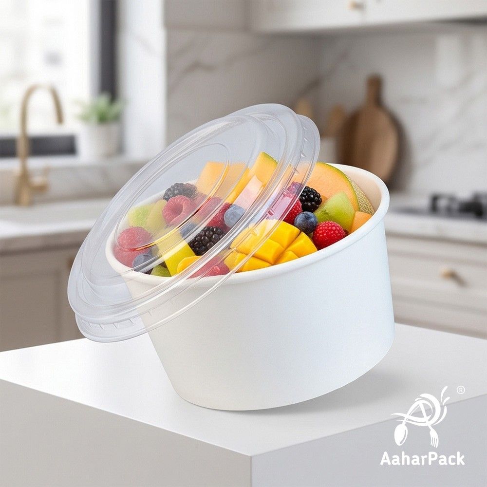 500 ML White Paper Bowls with Plastic Flat Lids (Pack of 150) - Large Disposable Paper Bowls | Premium Leak-Proof Takeaway Food Containers for Biryani, Noodles, Hot Soups & Gravies