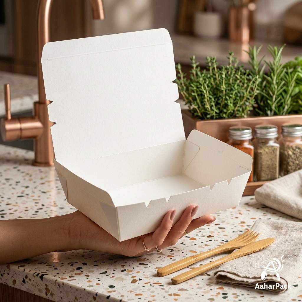 1200 ML White Paper Food Boxes (Pack of 100) - Large Leak-Proof Takeaway Containers | Disposable Fold-Top Meal Boxes