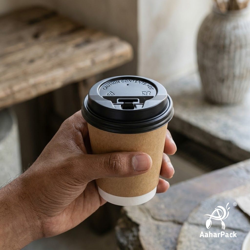 120 ML (4 oz) Kraft Double Wall Paper Cups with Lockable Black Lids (Pack of 300) - Spill-Proof Insulated Espresso & Tasting Cups