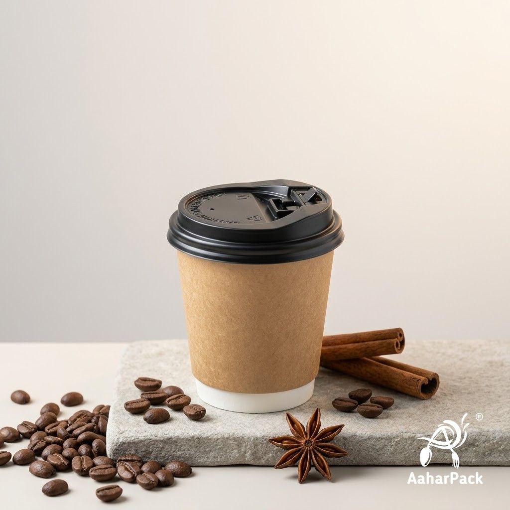 120 ML (4 oz) Kraft Double Wall Paper Cups with Lockable Black Lids (Pack of 300) - Spill-Proof Insulated Espresso & Tasting Cups