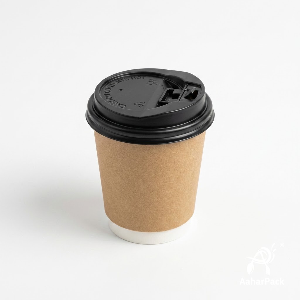 120 ML (4 oz) Kraft Double Wall Paper Cups with Lockable Black Lids (Pack of 300) - Spill-Proof Insulated Espresso & Tasting Cups