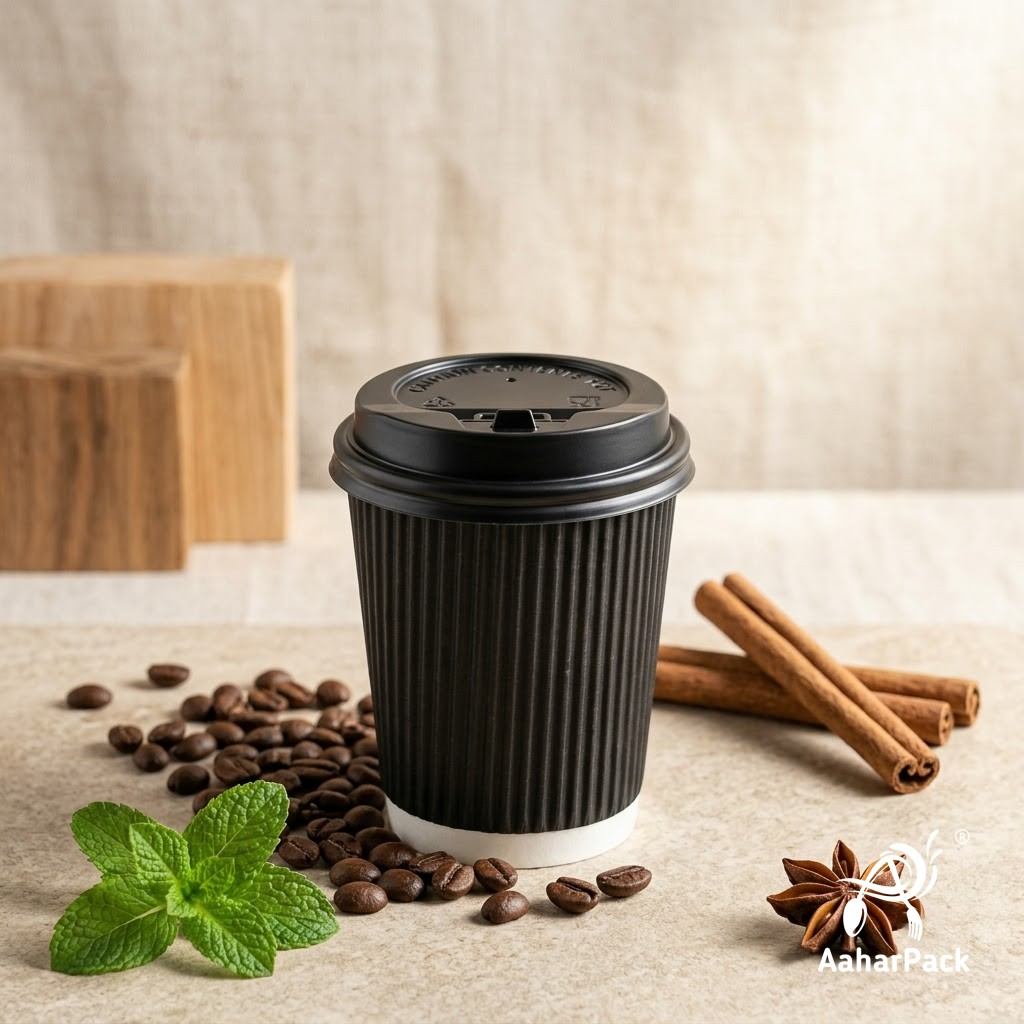 120 ML (4 oz) Black Ripple Wall Paper Cups with Lockable Black Lids (Pack of 300) - Spill-Proof Insulated Espresso & Tasting Cups