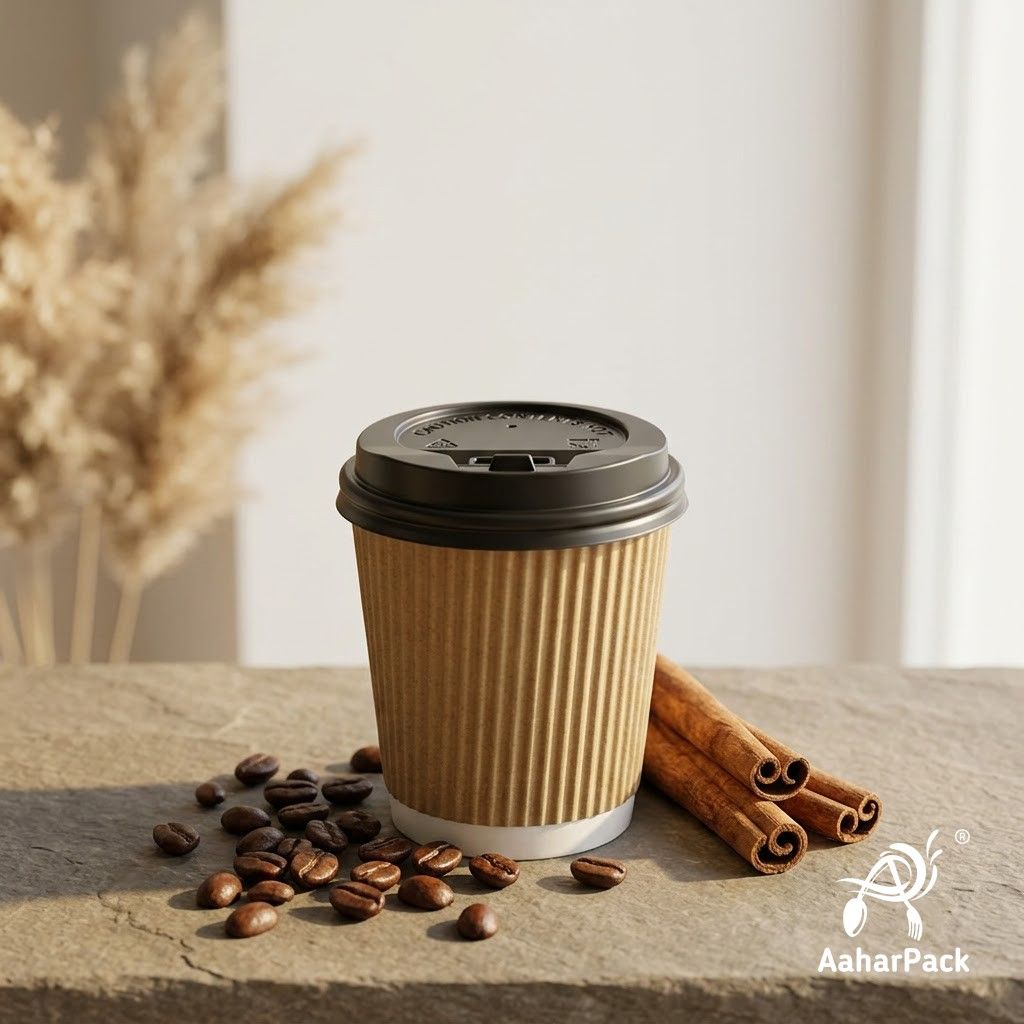 120 ML (4 oz) Kraft Ripple Wall Paper Cups with Lockable Black Lids (Pack of 300) - Spill-Proof Insulated Espresso & Tasting Cups