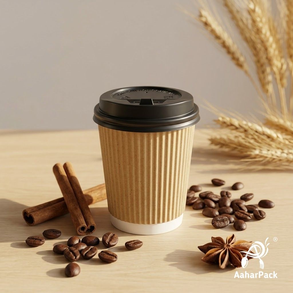 120 ML (4 oz) Kraft Ripple Wall Paper Cups with Lockable Black Lids (Pack of 300) - Spill-Proof Insulated Espresso & Tasting Cups