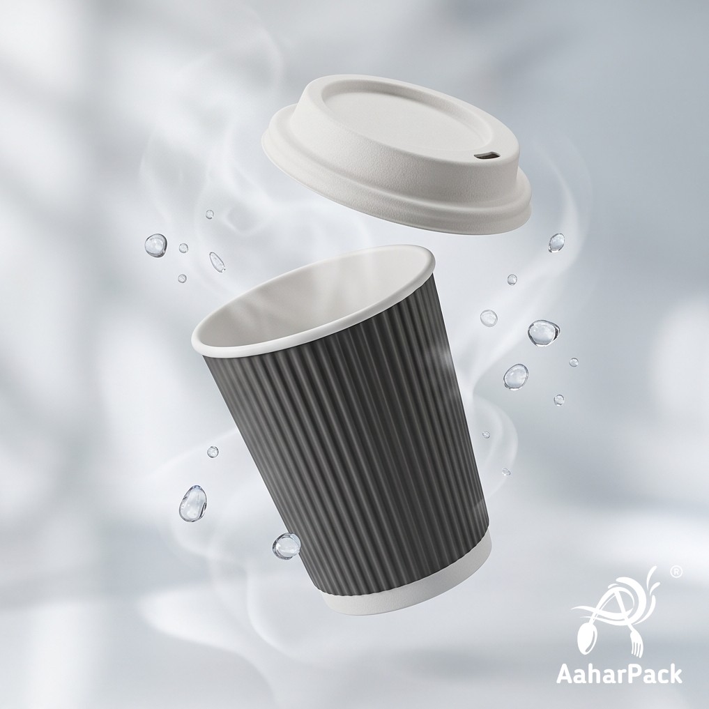 210 ML (7 oz) Black Ripple Wall Paper Cups with Bagasse Sipper Lids (Pack of 175) - 100% Plastic-Free Insulated Takeaway Cups