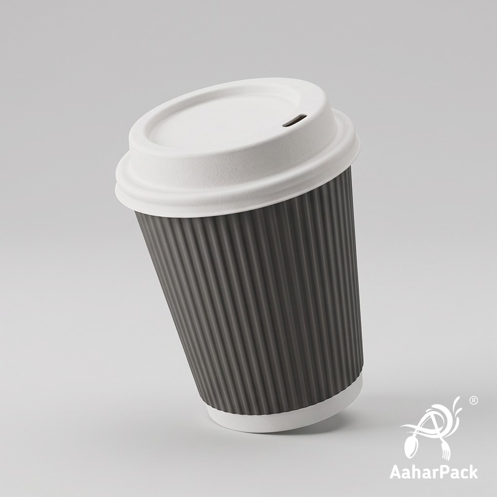 210 ML (7 oz) Black Ripple Wall Paper Cups with Bagasse Sipper Lids (Pack of 175) - 100% Plastic-Free Insulated Takeaway Cups
