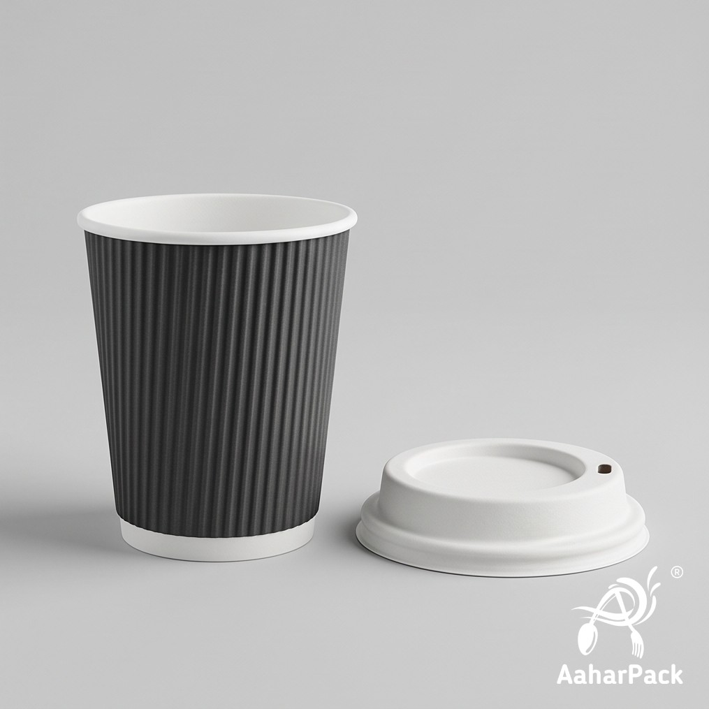210 ML (7 oz) Black Ripple Wall Paper Cups with Bagasse Sipper Lids (Pack of 175) - 100% Plastic-Free Insulated Takeaway Cups