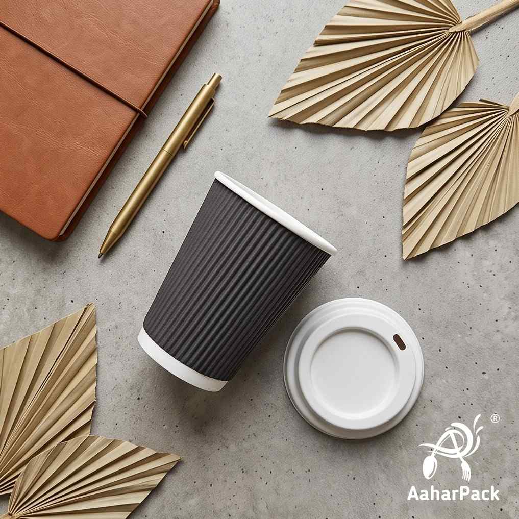 210 ML (7 oz) Black Ripple Wall Paper Cups with Bagasse Sipper Lids (Pack of 175) - 100% Plastic-Free Insulated Takeaway Cups
