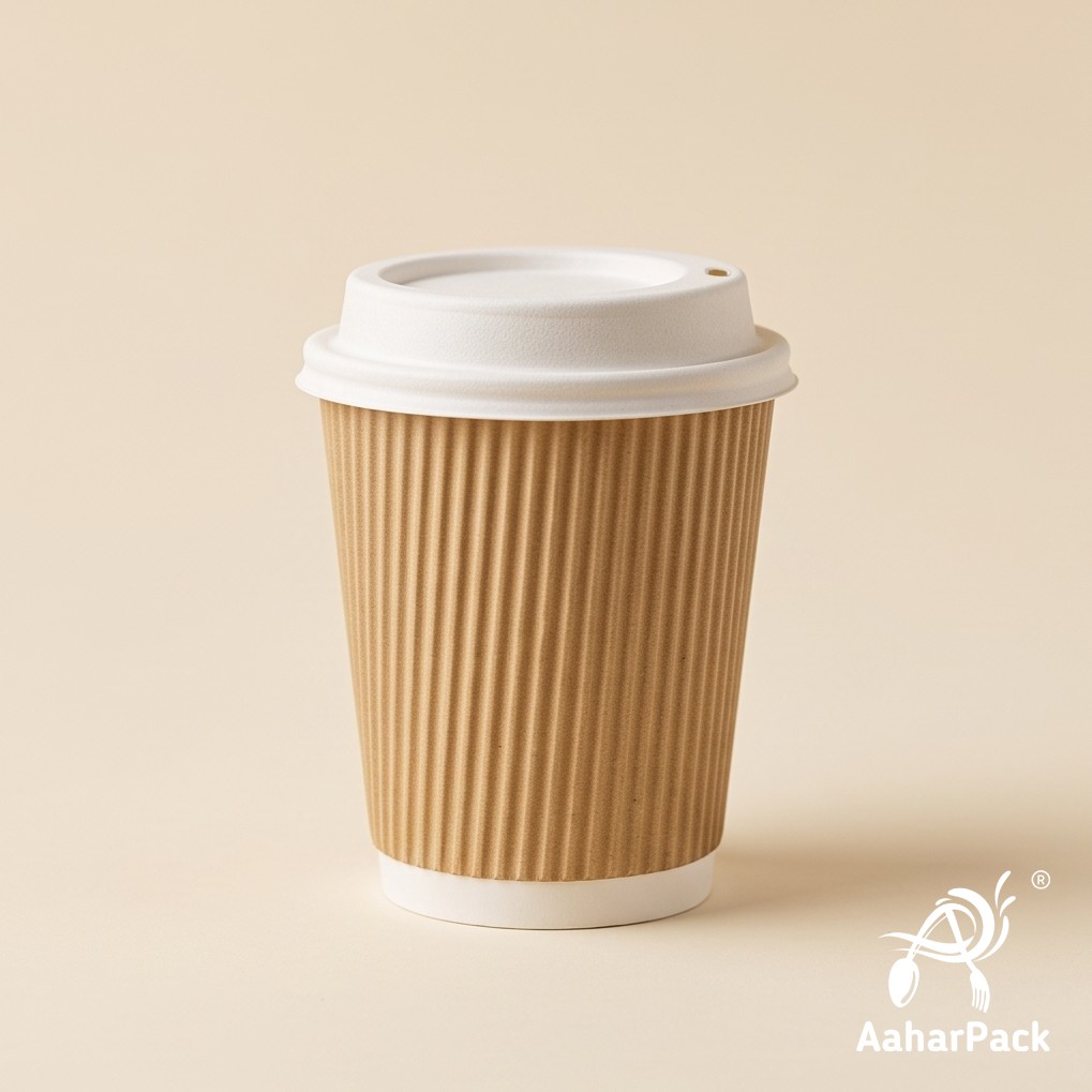 210 ML (7 oz) Kraft Ripple Wall Paper Cups with Bagasse Sipper Lids (Pack of 175) - 100% Plastic-Free Insulated Takeaway Cups