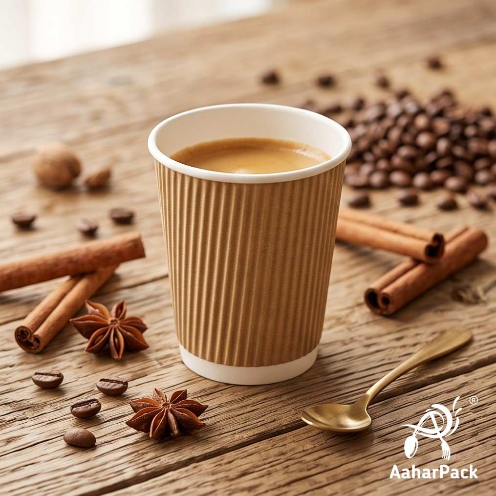 210 ML (7 oz) Kraft Ripple Wall Paper Cups with Bagasse Sipper Lids (Pack of 175) - 100% Plastic-Free Insulated Takeaway Cups