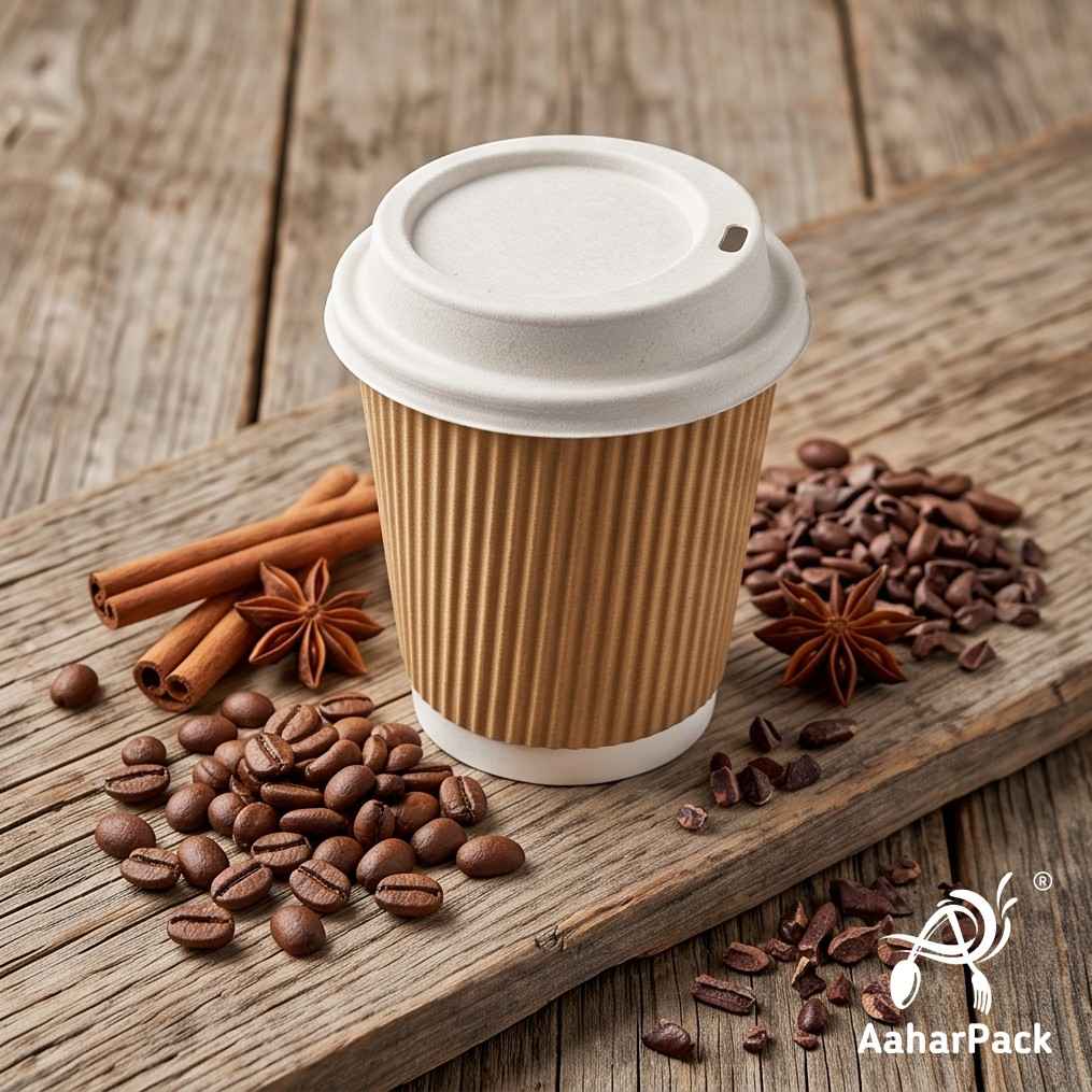210 ML (7 oz) Kraft Ripple Wall Paper Cups with Bagasse Sipper Lids (Pack of 175) - 100% Plastic-Free Insulated Takeaway Cups