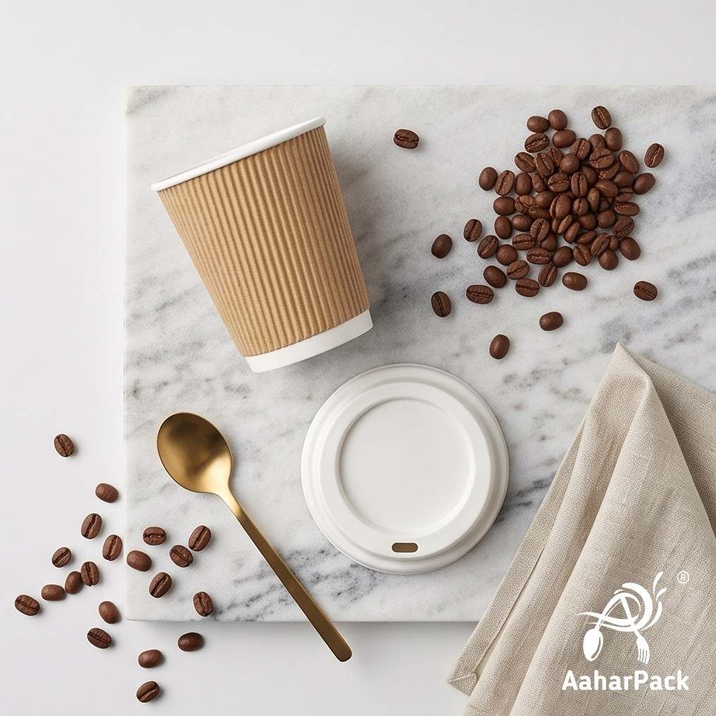 210 ML (7 oz) Kraft Ripple Wall Paper Cups with Bagasse Sipper Lids (Pack of 175) - 100% Plastic-Free Insulated Takeaway Cups