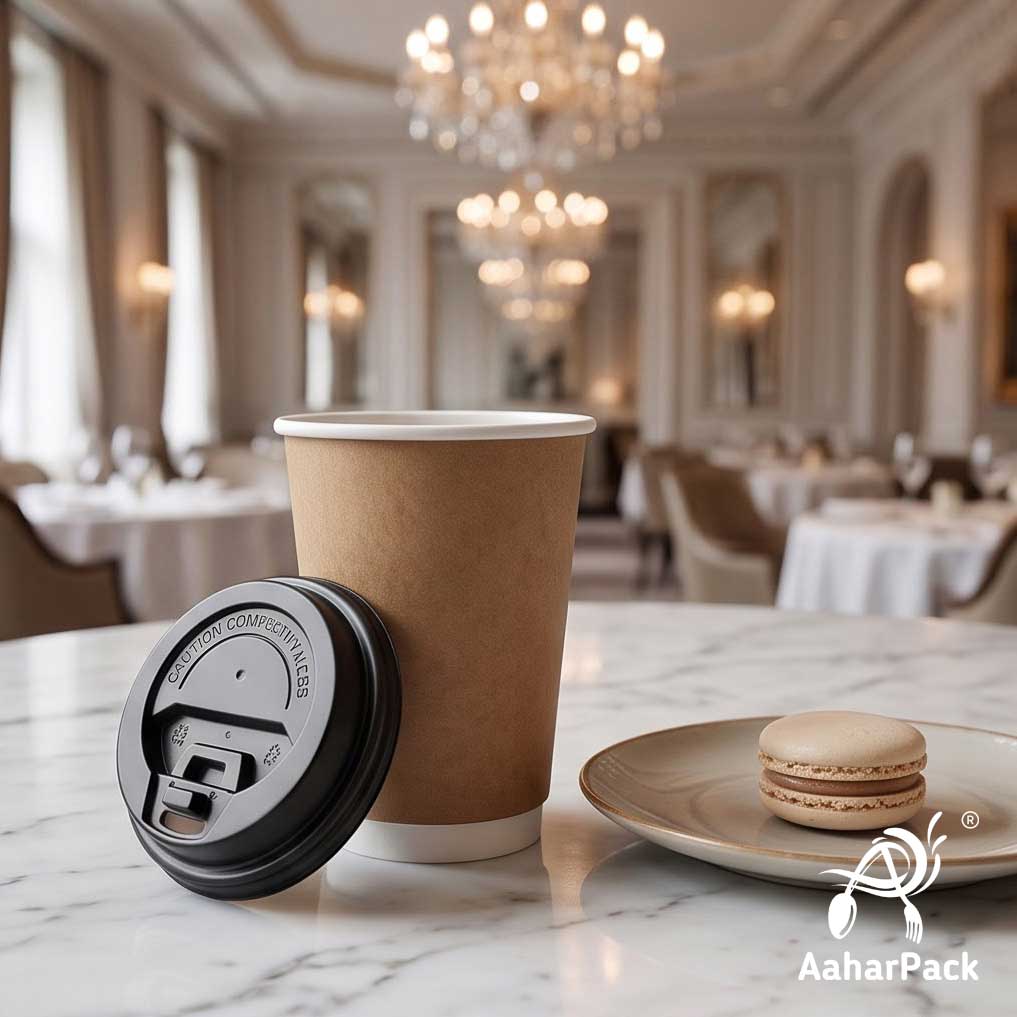 Kraft Double Wall Paper Cup with Lockable Black Lid