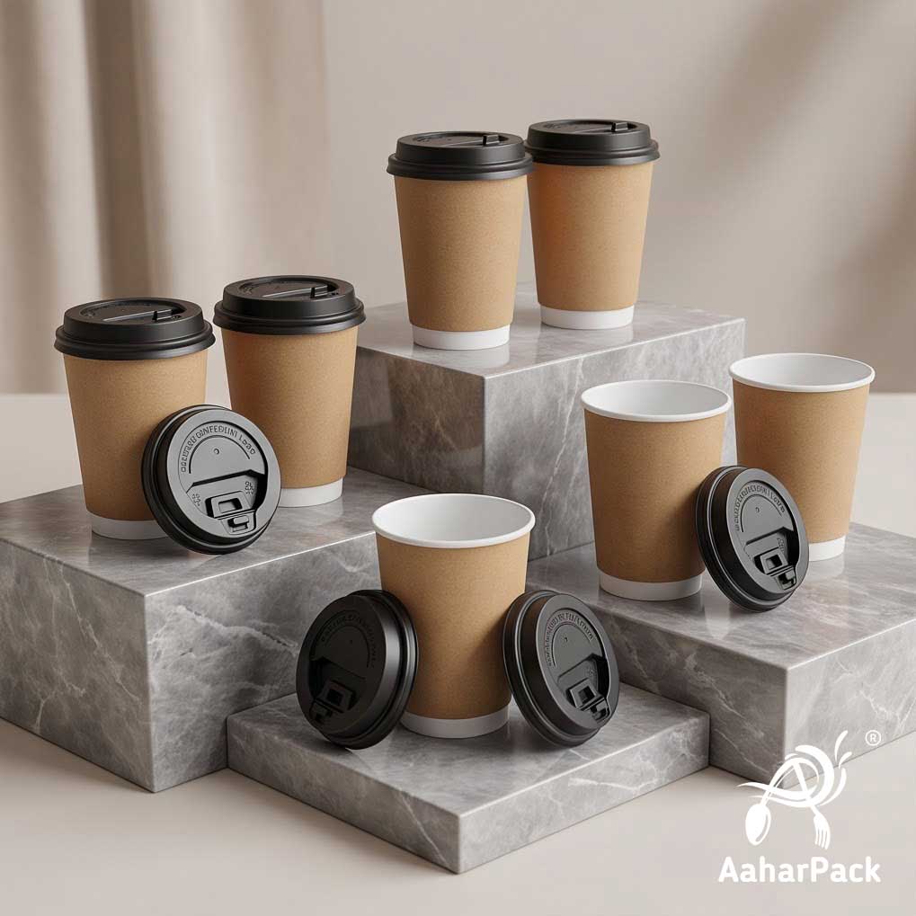 300 ML (10 oz) Kraft Double Wall Paper Cups with Lockable Black Sipper Lids (Pack of 200) - Spill-Proof Insulated Takeaway Cups
