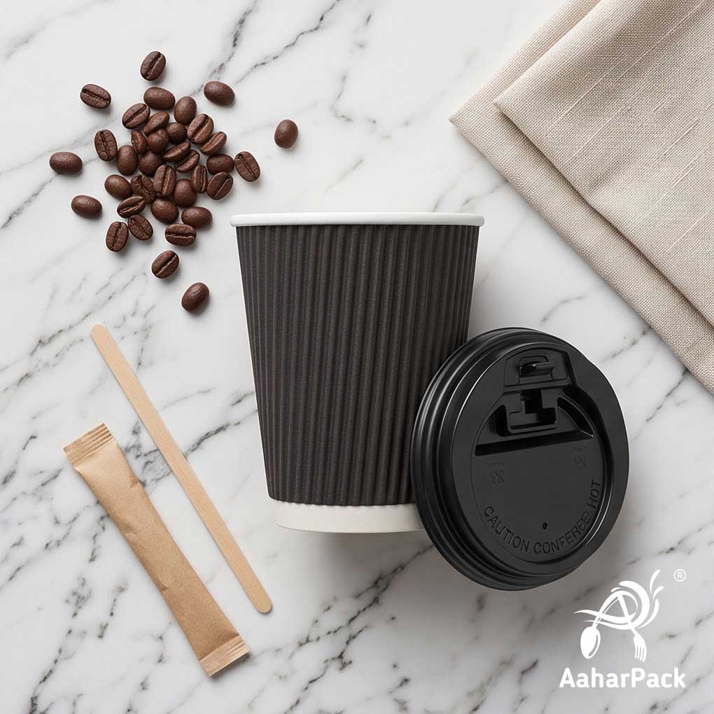 250 ML (8 oz) Black Ripple Wall Paper Cups with Lockable Black Sipper Lids (Pack of 150) - Spill-Proof Insulated Takeaway Cups