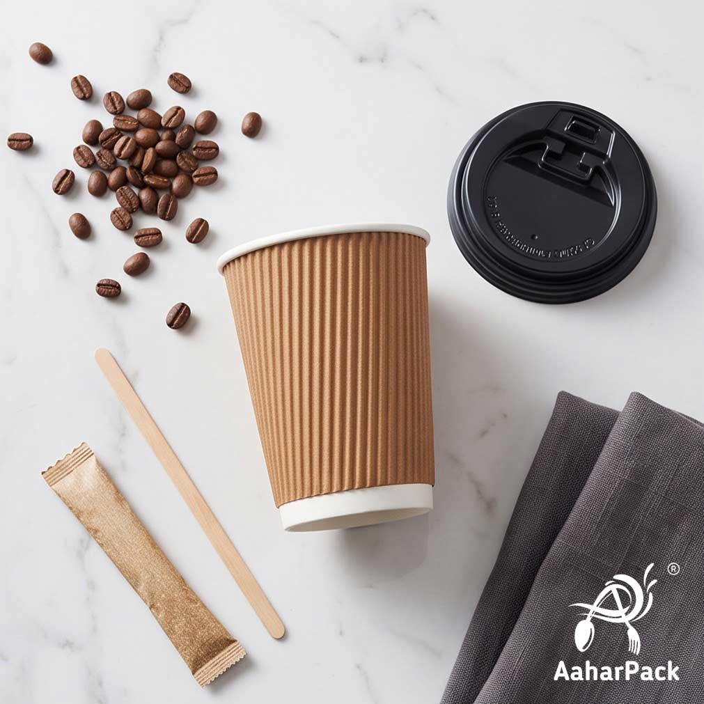 250 ML (8 oz) Kraft Ripple Wall Paper Cups with Lockable Black Sipper Lids (Pack of 150) - Spill-Proof Insulated Takeaway Cups