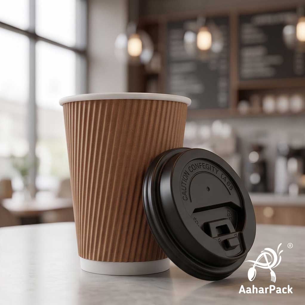 250 ML (8 oz) Kraft Ripple Wall Paper Cups with Lockable Black Sipper Lids (Pack of 150) - Spill-Proof Insulated Takeaway Cups
