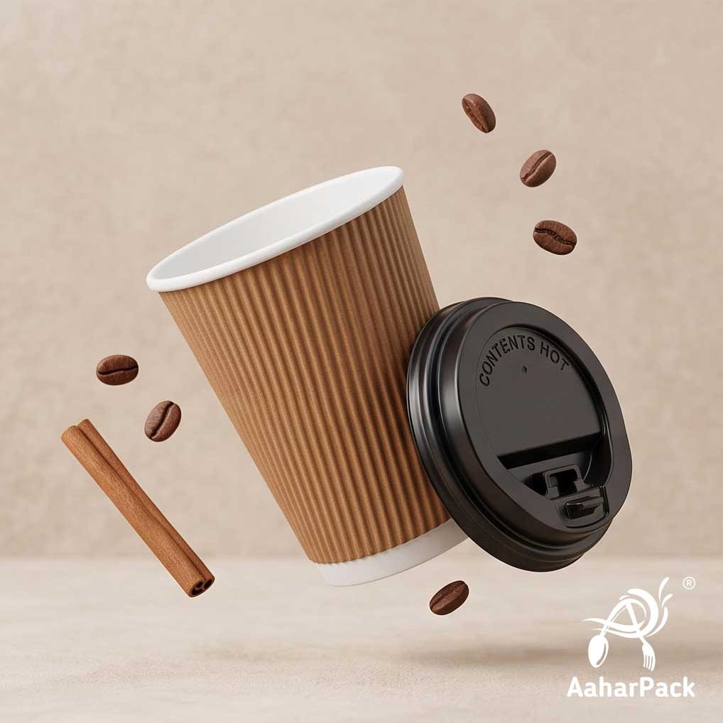 Kraft Ripple Wall Paper Cup with Lockable Black Lid