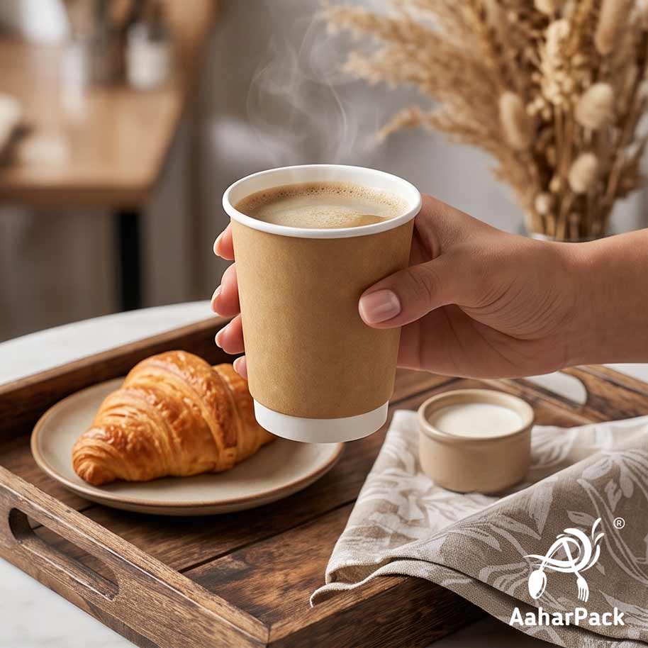 250 ML (8 oz) Kraft Double Wall Paper Cups with Lockable White Sipper Lids (Pack of 150) - Spill-Proof Insulated Takeaway Cups