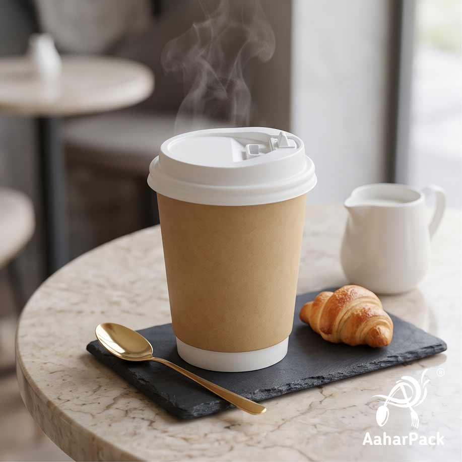 250 ML (8 oz) Kraft Double Wall Paper Cups with Lockable White Sipper Lids (Pack of 150) - Spill-Proof Insulated Takeaway Cups