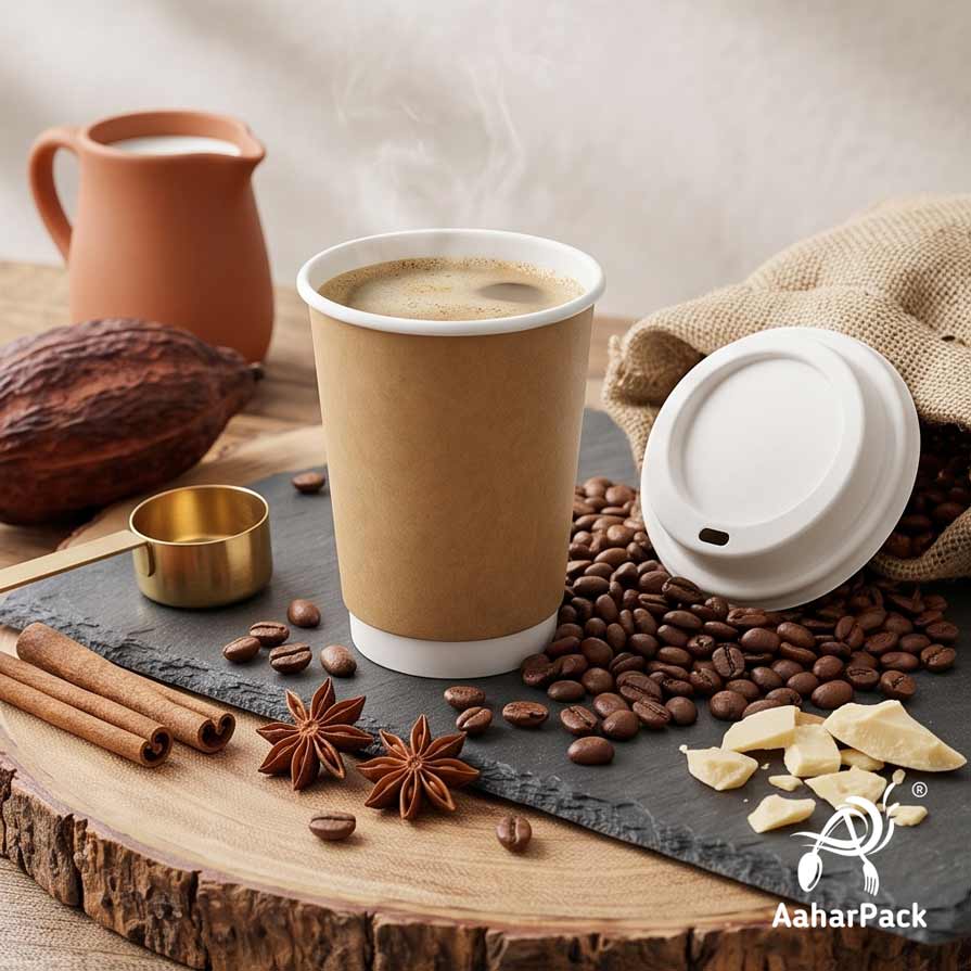 250 ML (8 oz) Kraft Double Wall Paper Cups with Bagasse Sipper Lids (Pack of 150) - 100% Plastic-Free Insulated Takeaway Cups