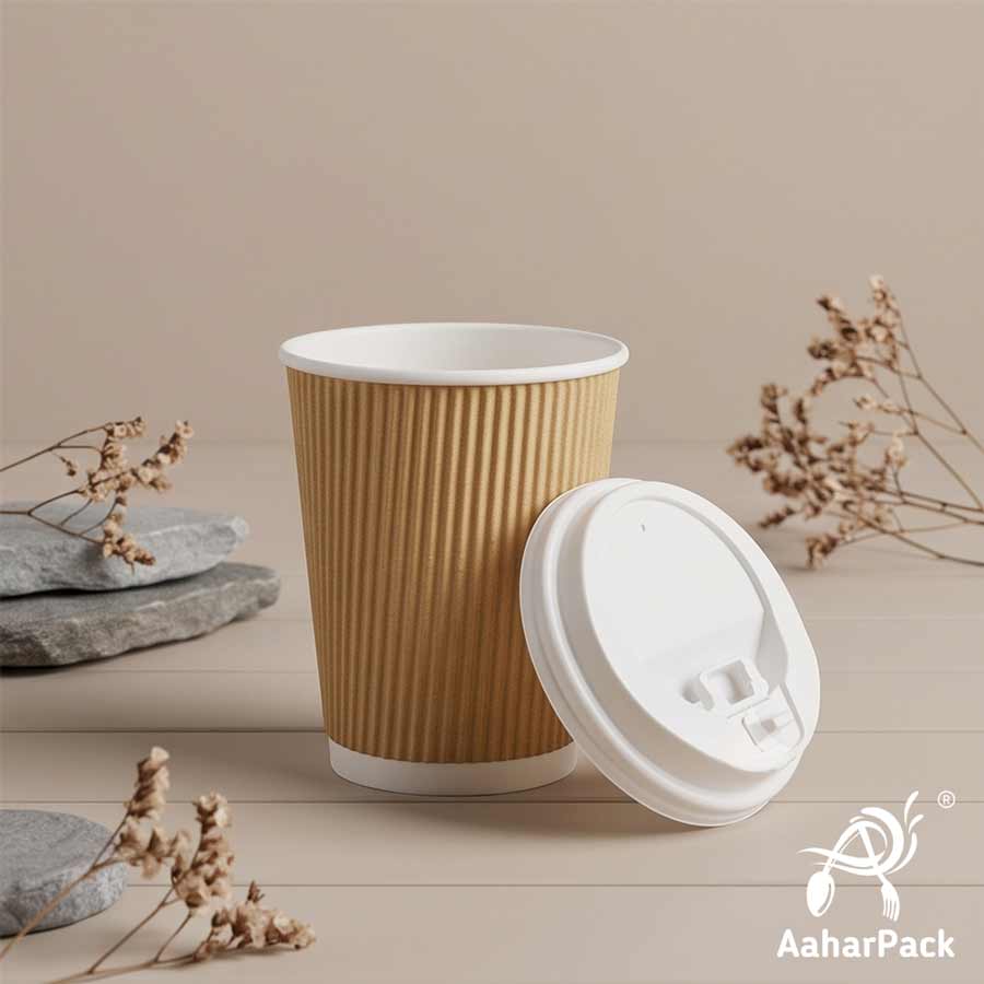 Kraft Ripple Wall Paper Cup with Lockable White Lid