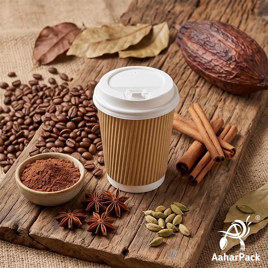 250 ML (8 oz) Kraft Ripple Wall Paper Cups with Lockable White Sipper Lids (Pack of 150) - Spill-Proof Insulated Takeaway Cups