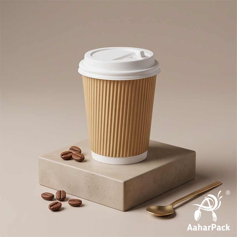 250 ML (8 oz) Kraft Ripple Wall Paper Cups with Lockable White Sipper Lids (Pack of 150) - Spill-Proof Insulated Takeaway Cups