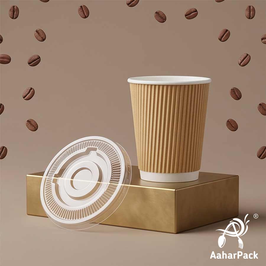 Kraft Ripple Wall Paper Cup with Plastic Flat Lid