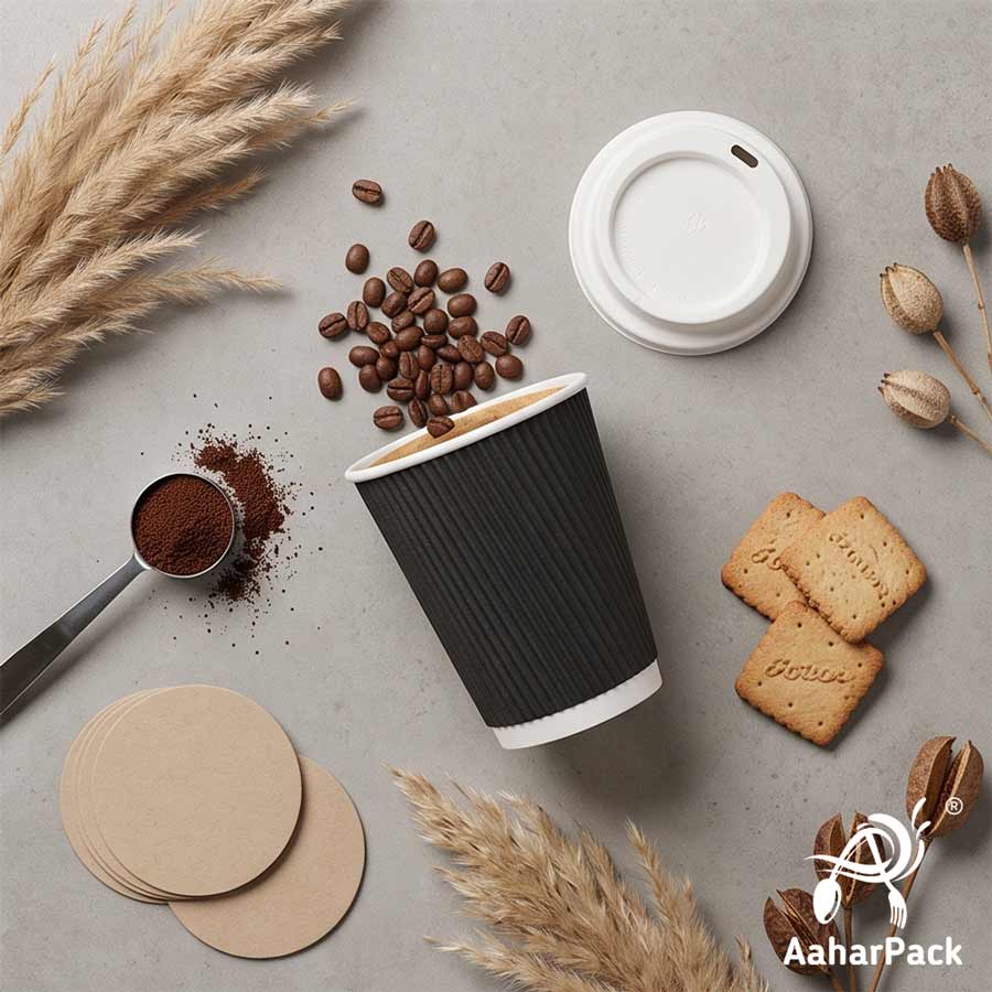 Black Ripple Wall Paper Cup with Sugarcane Bagasse Lid
