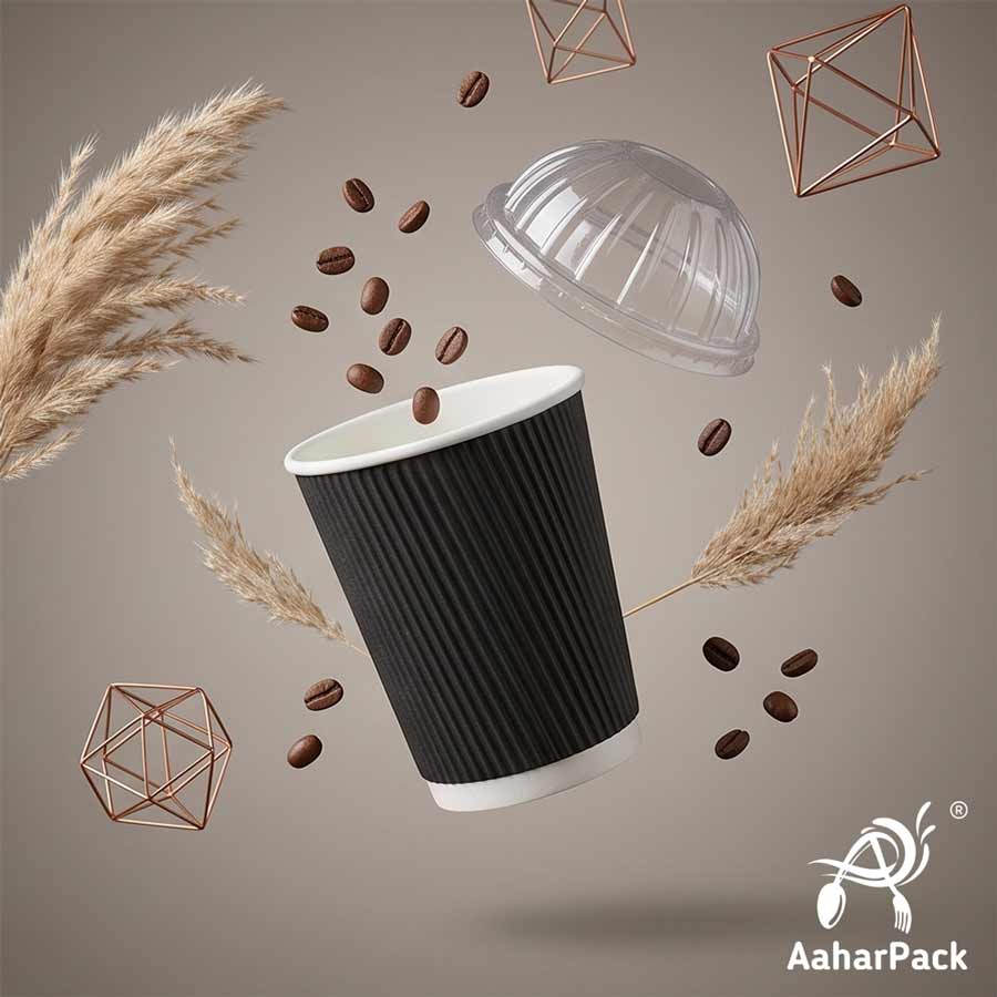 Black Ripple Wall Paper Cup with Plastic Dome Lid
