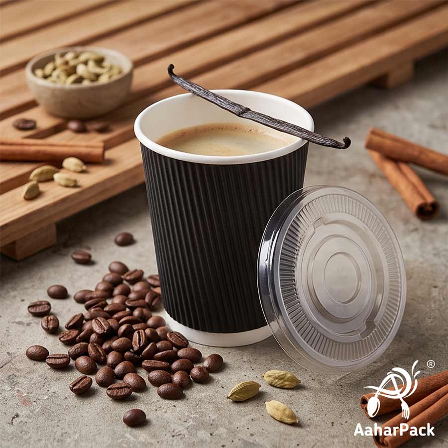 Black Ripple Wall Paper Cup with Plastic Flat Lid