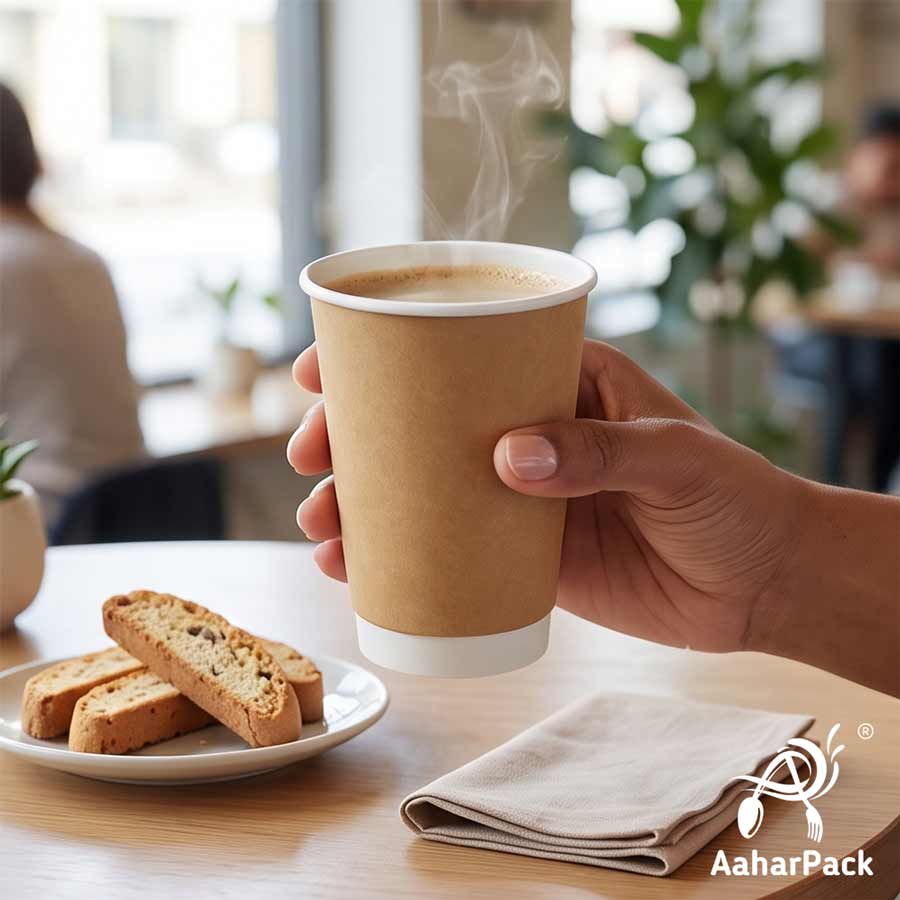 300 ML Long Kraft Double Wall Paper Cups with Bagasse Sipper Lids (Pack of 150) - Tall 100% Plastic-Free Insulated Takeaway Cups