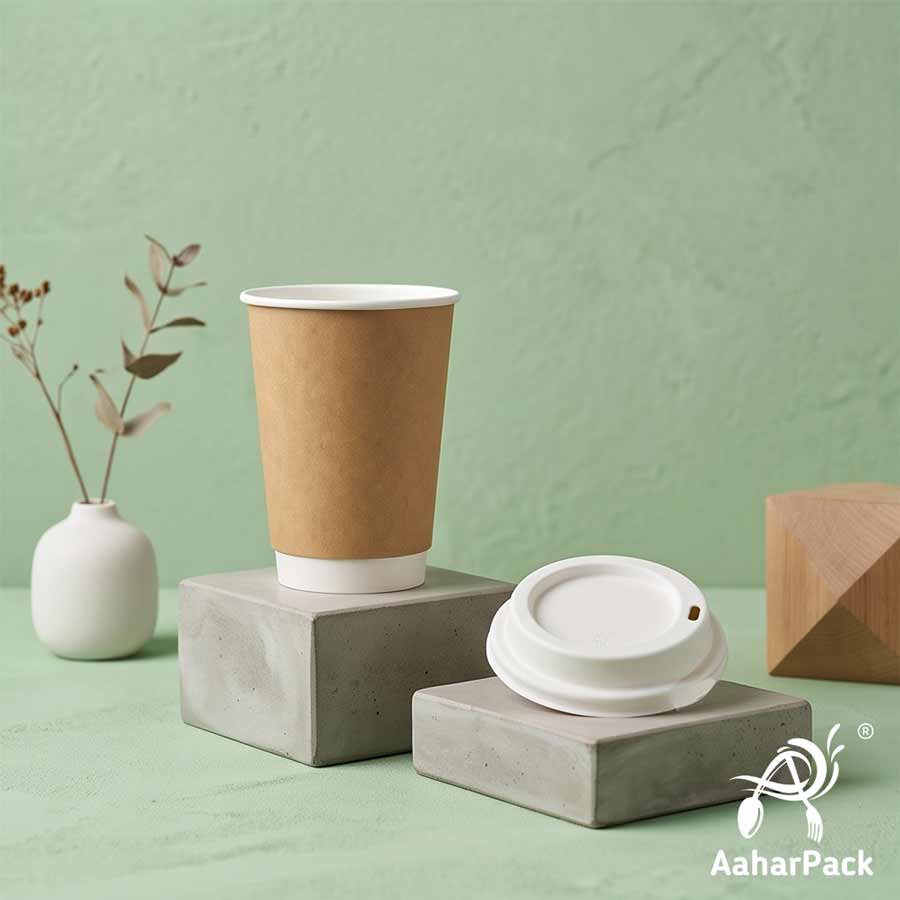 300 ML Long Kraft Double Wall Paper Cups with Bagasse Sipper Lids (Pack of 150) - Tall 100% Plastic-Free Insulated Takeaway Cups