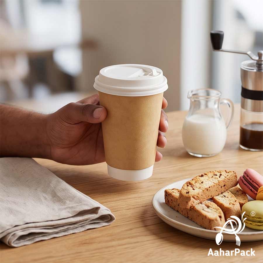 300 ML Long Kraft Double Wall Paper Cups with Lockable White Sipper Lids (Pack of 150) - Tall Spill-Proof Insulated Takeaway Cups