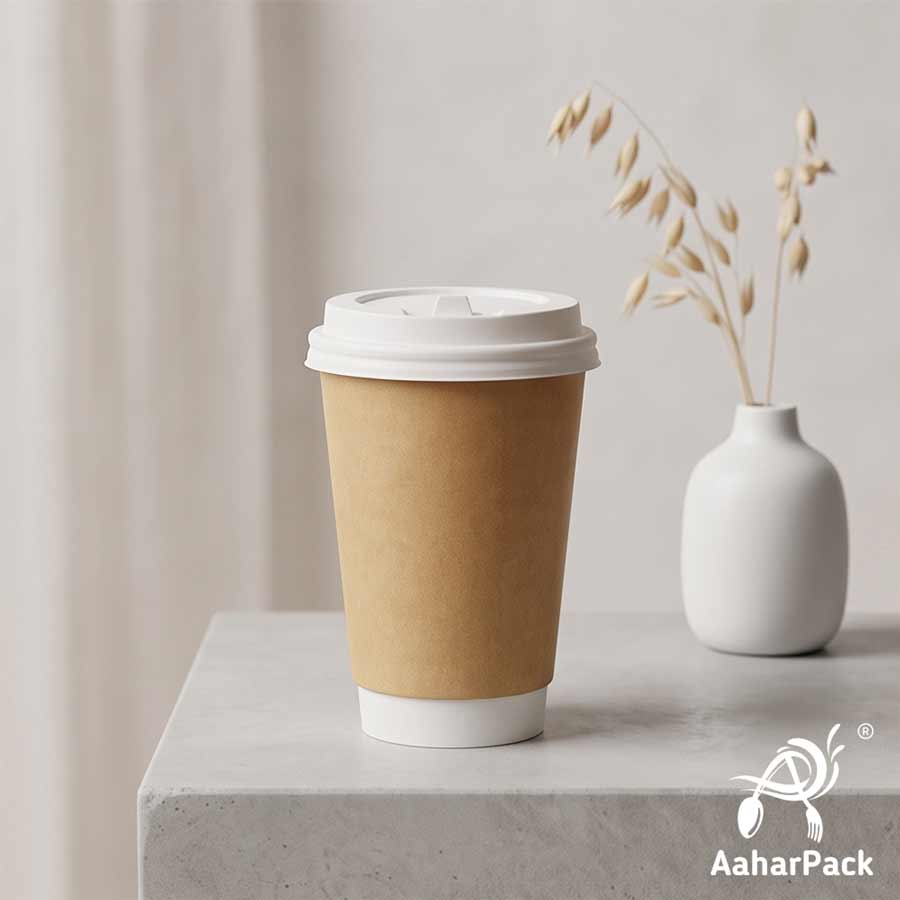 300 ML Long Kraft Double Wall Paper Cups with Lockable White Sipper Lids (Pack of 150) - Tall Spill-Proof Insulated Takeaway Cups