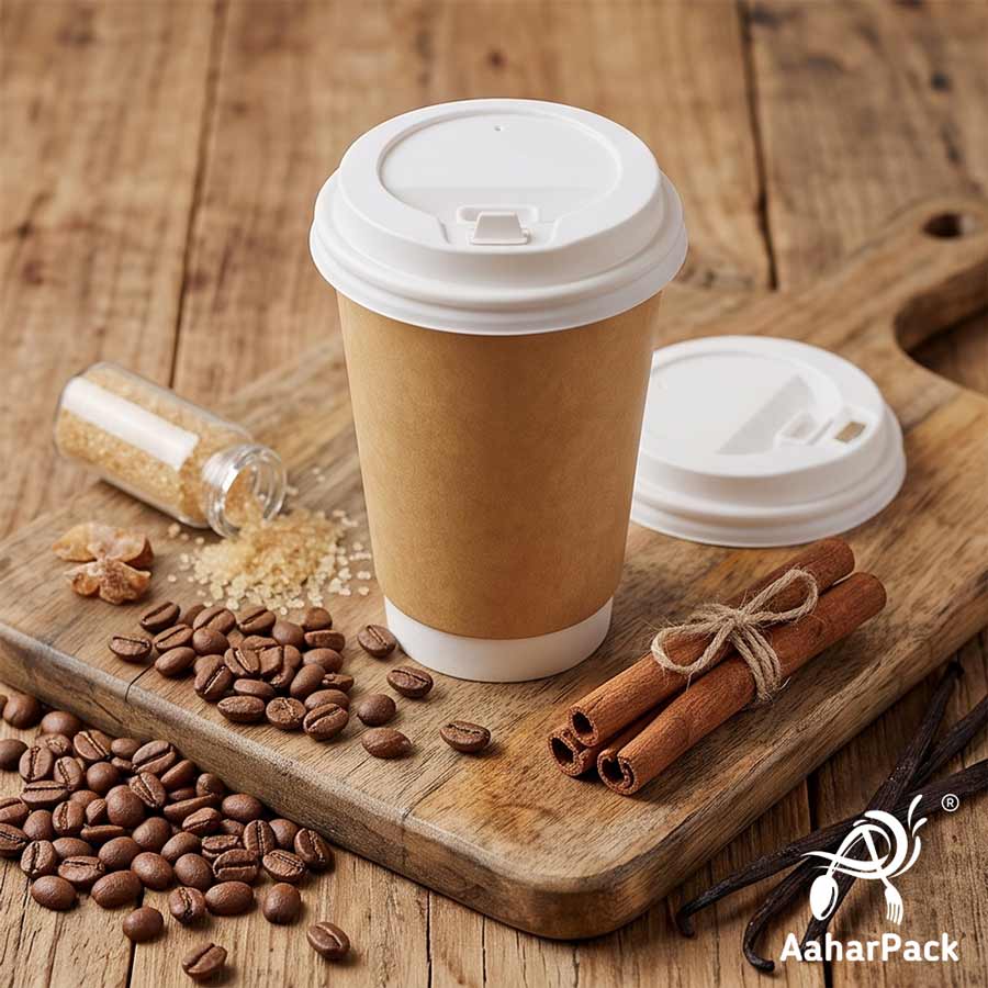 300 ML Long Kraft Double Wall Paper Cups with Lockable White Sipper Lids (Pack of 150) - Tall Spill-Proof Insulated Takeaway Cups