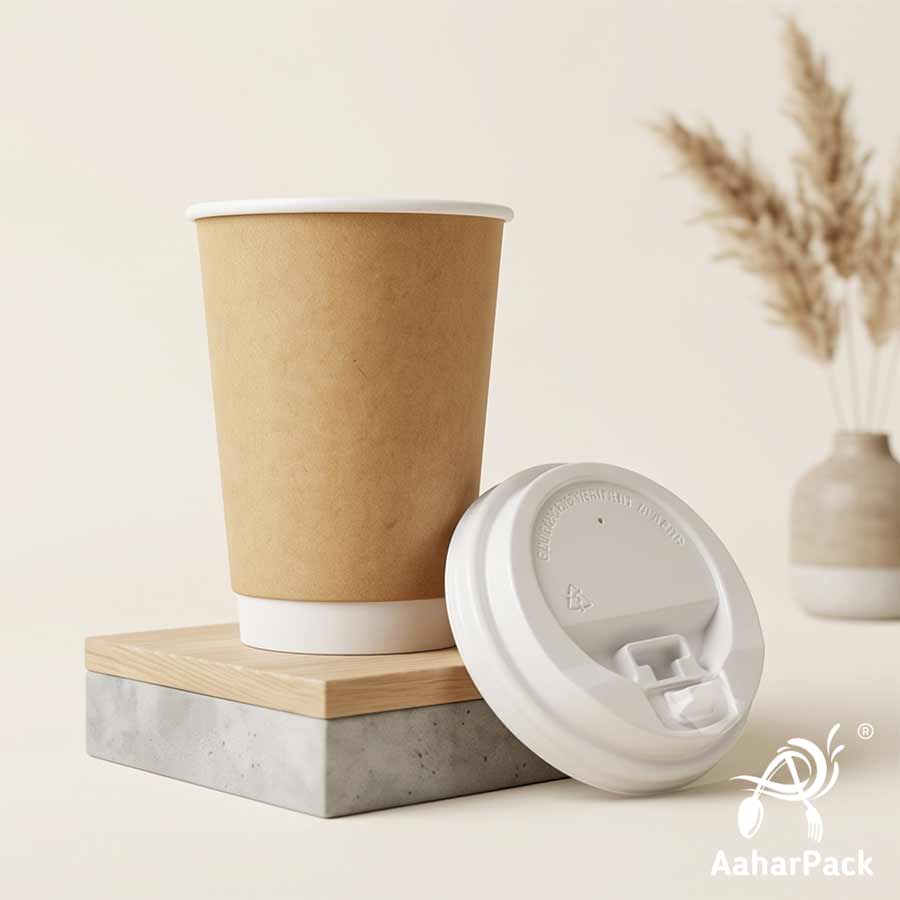300 ML Long Kraft Double Wall Paper Cups with Lockable White Sipper Lids (Pack of 150) - Tall Spill-Proof Insulated Takeaway Cups