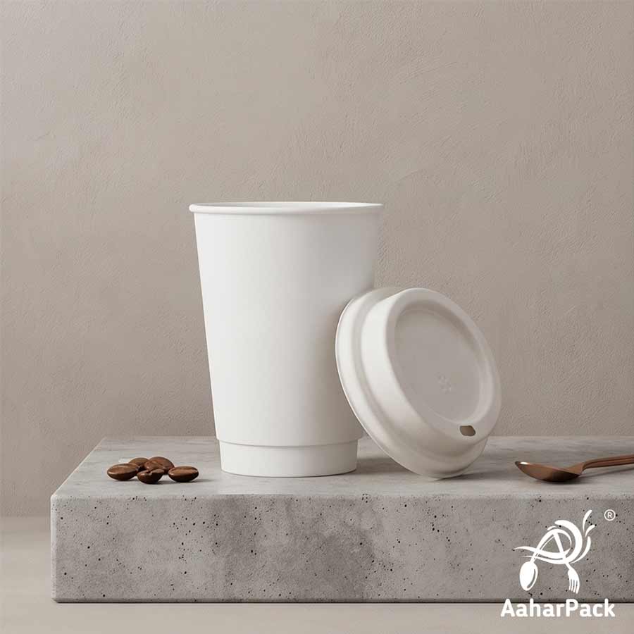 300 ML Long White Double Wall Paper Cups with Bagasse Sipper Lids (Pack of 150) - Tall 100% Plastic-Free Insulated Takeaway Cups